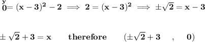 \bf \stackrel{y}{0}=(x-3)^2-2\implies 2=(x-3)^2\implies \pm√(2)=x-3 \\\\\\ \pm√(2)+3=x\qquad therefore\qquad (\pm√(2)+3~~~~,~~~~0)