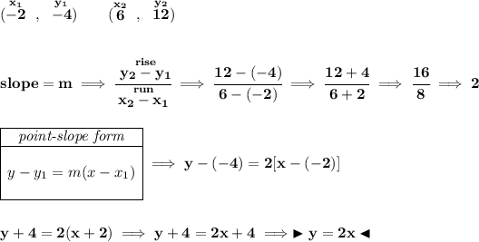 \bf (\stackrel{x_1}{-2}~,~\stackrel{y_1}{-4})\qquad (\stackrel{x_2}{6}~,~\stackrel{y_2}{12}) \\\\\\ slope = m\implies \cfrac{\stackrel{rise}{ y_2- y_1}}{\stackrel{run}{ x_2- x_1}}\implies \cfrac{12-(-4)}{6-(-2)}\implies \cfrac{12+4}{6+2}\implies \cfrac{16}{8}\implies 2 \\\\\\ \begin{array} \cline{1-1} \textit{point-slope form}\\ \cline{1-1} \\ y-y_1=m(x-x_1) \\\\ \cline{1-1} \end{array}\implies y-(-4)=2[x-(-2)] \\\\\\ y+4=2(x+2)\implies y+4=2x+4\implies \blacktriangleright y=2x \blacktriangleleft