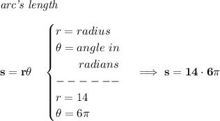 \bf \textit{arc's length}\\\\ s=r\theta \quad \begin{cases} r=radius\\ \theta =angle~in\\ \qquad radians\\ ------\\ r=14\\ \theta =6\pi \end{cases}\implies s=14\cdot 6\pi