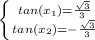 \left \{ {{tan(x_(1) ) = ( √(3) )/(3) } \atop {tan(x_(2) ) =-( √(3) )/(3) }} \right.