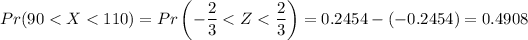 Pr(90<X<110)=Pr\left(-(2)/(3)<Z<(2)/(3)\right)=0.2454-(-0.2454)=0.4908