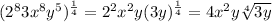 ({2^(8)3x^(8)y^(5))^{(1)/(4)}=2^(2) x^(2)y (3y)^{(1)/(4)}=4x^(2)y\sqrt[4]{3y}