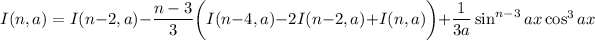 I(n,a)=I(n-2,a)-\frac{n-3}3\bigg(I(n-4,a)-2I(n-2,a)+I(n,a)\bigg)+\frac1{3a}\sin^(n-3)ax\cos^3ax