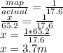 (map)/(actual) = (1)/(17.6) \\ (x)/(65.2) = (1)/(17.6) \\ x = (1*65.2)/(17.6) \\ x = 3.7 m