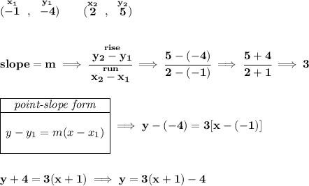 \bf (\stackrel{x_1}{-1}~,~\stackrel{y_1}{-4})\qquad (\stackrel{x_2}{2}~,~\stackrel{y_2}{5}) \\\\\\ slope = m\implies \cfrac{\stackrel{rise}{ y_2- y_1}}{\stackrel{run}{ x_2- x_1}}\implies \cfrac{5-(-4)}{2-(-1)}\implies \cfrac{5+4}{2+1}\implies 3 \\\\\\ \begin{array}c \cline{1-1} \textit{point-slope form}\\ \cline{1-1} \\ y-y_1=m(x-x_1) \\\\ \cline{1-1} \end{array}\implies y-(-4)=3[x-(-1)] \\\\\\ y+4=3(x+1)\implies y=3(x+1)-4