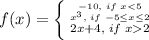 f(x)=\left \{ {{-10, \;if \;x<5} \atop {x^3, \;if \;-5}\leq x \leq 2} \atop {2x+4, \;if\;x>2} } \right.