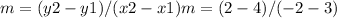 m = (y2-y1) / (x2-x1) m = (2-4) / (- 2-3)