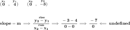 \bf (\stackrel{x_1}{0}~,~\stackrel{y_1}{4})\qquad (\stackrel{x_2}{0}~,~\stackrel{y_2}{-3}) \\\\\\ slope = m\implies \cfrac{\stackrel{rise}{ y_2- y_1}}{\stackrel{run}{ x_2- x_1}}\implies \cfrac{-3-4}{0-0}\implies \cfrac{-7}{0}\impliedby und efined