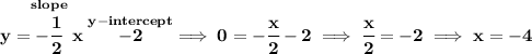 \bf y=\stackrel{slope}{-\cfrac{1}{2}}x\stackrel{y-intercept}{-2}\implies 0=-\cfrac{x}{2}-2\implies \cfrac{x}{2}=-2\implies x=-4