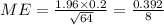 ME=\frac{1.96{*}0.2}{√(64)}=(0.392)/(8)