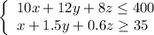 \left\{\begin{array}{l}10x+12y+8z\le 400\\x+1.5y+0.6z\ge 35\end{array}\right.