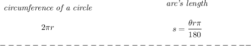 \bf \begin{array}{cllll} \textit{circumference of a circle}\\\\ 2\pi r \end{array}\qquad \qquad \qquad \qquad \begin{array}{cllll} \textit{arc's length}\\\\ s=\cfrac{\theta r\pi }{180} \end{array}\\\\ -------------------------------