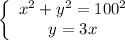 \left\{\begin{array}{Ir}x^2+y^2=100^2 \\y=3x \end{array}\right