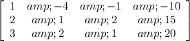 \left[\begin{array}{cccc}1&amp;-4&amp;-1&amp;-10\\2&amp;1&amp;2&amp;15\\3&amp;2&amp;1&amp;20\end{array}\right]