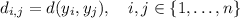 d_(i,j) = d(y_i,y_j),\quad i,j \in \{1,\ldots, n\}