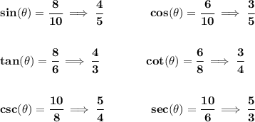 \bf sin(\theta )=\cfrac{8}{10}\implies \cfrac{4}{5}\qquad \qquad cos(\theta )=\cfrac{6}{10}\implies \cfrac{3}{5} \\\\\\ tan(\theta )=\cfrac{8}{6}\implies \cfrac{4}{3}\qquad \qquad cot(\theta )=\cfrac{6}{8}\implies \cfrac{3}{4} \\\\\\ csc(\theta )=\cfrac{10}{8}\implies \cfrac{5}{4}\qquad \qquad sec(\theta )=\cfrac{10}{6}\implies \cfrac{5}{3}