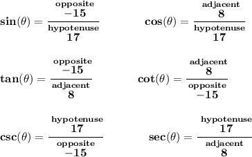 \bf sin(\theta)=\cfrac{\stackrel{opposite}{-15}}{\stackrel{hypotenuse}{17}} \qquad\qquad cos(\theta)=\cfrac{\stackrel{adjacent}{8}}{\stackrel{hypotenuse}{17}} \\\\\\ tan(\theta)=\cfrac{\stackrel{opposite}{-15}}{\stackrel{adjacent}{8}} \qquad \qquad cot(\theta)=\cfrac{\stackrel{adjacent}{8}}{\stackrel{opposite}{-15}} \\\\\\ csc(\theta)=\cfrac{\stackrel{hypotenuse}{17}}{\stackrel{opposite}{-15}} \qquad \qquad sec(\theta)=\cfrac{\stackrel{hypotenuse}{17}}{\stackrel{adjacent}{8}}