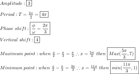 Amplitude: \boxed{3} \\ \\ Period:T= (2\pi)/((1)/(2))=\boxed{4\pi} \\ \\ Phase \ shift:\boxed{(\phi)/(\omega)=(2\pi)/(3)} \\ \\ Vertical \ shift:\boxed{4} \\ \\ Maximum \ point: when \ (x)/(2)- (\pi)/(3)= (\pi)/(2) \therefore x= (5\pi)/(3) \ then \ \boxed{Max((5\pi)/(3),7)} \\ \\ Minimum \ point:when \ (x)/(2)- (\pi)/(3)= (3\pi)/(2) \therefore x= (11\pi)/(3) \ then \ \boxed{min((11\pi)/(3),1)}