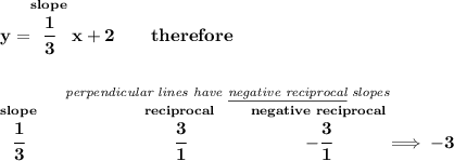 \bf y=\stackrel{slope}{\cfrac{1}{3}}x+2\qquad therefore \\\\\\ \stackrel{\textit{perpendicular lines have \underline{negative reciprocal} slopes}} {\stackrel{slope}{\cfrac{1}{3}}\qquad \qquad \qquad \stackrel{reciprocal}{\cfrac{3}{1}}\qquad \stackrel{negative~reciprocal}{-\cfrac{3}{1}}\implies -3}