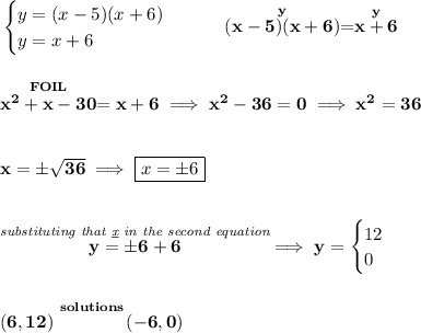 \bf \begin{cases}y=(x-5)(x+6)\\y=x+6\end{cases}\qquad \stackrel{y}{(x-5)(x+6)}=\stackrel{y}{x+6}\\\\\\\stackrel{FOIL}{x^2+x-30}=x+6\implies x^2-36=0\implies x^2=36\\\\\\x=\pm√(36)\implies \boxed{x=\pm 6}\\\\\\\stackrel{\textit{substituting that \underline{x} in the second equation}}{y=\pm 6 + 6}\implies y=\begin{cases}12\\0\end{cases}\\\\\\\stackrel{solutions}{(6,12)\qquad \qquad (-6,0)}