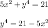 5 x^(2) + y ^(4)= 21\\\\y^(4)= 21 - 5 x^(2)