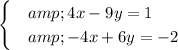 \begin{cases}&amp;4x-9y=1\\&amp;-4x+6y=-2\end{cases}