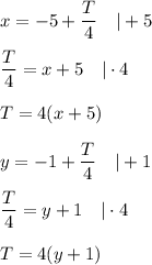 x=-5+(T)/(4)\ \ \ |+5\\\\(T)/(4)=x+5\ \ \ |\cdot4\\\\T=4(x+5)\\\\y=-1+(T)/(4)\ \ \ |+1\\\\(T)/(4)=y+1\ \ \ |\cdot4\\\\T=4(y+1)