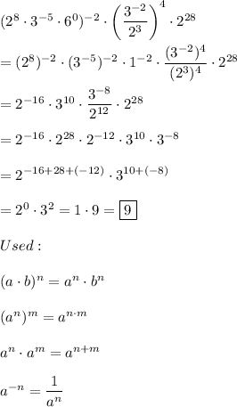 (2^8\cdot3^(-5)\cdot6^0)^(-2)\cdot\left((3^(-2))/(2^3)\right)^4\cdot2^(28)\\\\=(2^8)^(-2)\cdot(3^(-5))^(-2)\cdot1^(-2)\cdot((3^(-2))^4)/((2^3)^4)\cdot2^(28)\\\\=2^(-16)\cdot3^(10)\cdot(3^(-8))/(2^(12))\cdot2^(28)\\\\=2^(-16)\cdot2^(28)\cdot2^(-12)\cdot3^(10)\cdot3^(-8)\\\\=2^(-16+28+(-12))\cdot3^(10+(-8))\\\\=2^0\cdot3^2=1\cdot9=\boxed{9}\\\\Used:\\\\(a\cdot b)^n=a^n\cdot b^n\\\\(a^n)^m=a^(n\cdot m)\\\\a^n\cdot a^m=a^(n+m)\\\\a^(-n)=(1)/(a^n)