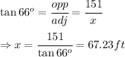 tan(66^o)=\cfrac{opp}{adj}=\cfrac{151}{x}\\ \\ \Rightarrow x=\cfrac{151}{tan(66^o)}=67.23 ft