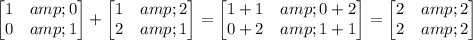 \begin{bmatrix}1&amp;0\\0&amp;1\end{bmatrix}+\begin{bmatrix}1&amp;2\\2&amp;1\end{bmatrix}=\begin{bmatrix}1+1&amp;0+2\\0+2&amp;1+1\end{bmatrix}=\begin{bmatrix}2&amp;2\\2&amp;2\end{bmatrix}