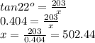 tan 22^(o) = (203)/(x) \\ 0.404 = (203)/(x) \\ x = (203)/(0.404)= 502.44