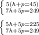 \left \{ {{5(h+p=45)} \atop {7h+5p=249}} \right. \\\\\left \{ {{5h+5p=225} \atop {7h+5p=249}} \right.