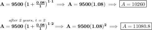 \bf A=9500\left(1+(0.08)/(1)\right)^(1\cdot 1)\implies A=9500(1.08)\implies \boxed{A=10260} \\\\\\ \stackrel{\textit{after 2 years, t = 2}}{A=9500\left(1+(0.08)/(1)\right)^(1\cdot 2)}\implies A=9500(1.08)^2\implies \boxed{A=11080.8}