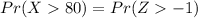 Pr(X>80)=Pr(Z>-1)