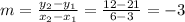 m=(y_2-y_1)/(x_2-x_1) =(12-21)/(6-3) =-3