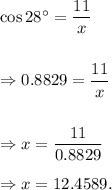 \cos28^\circ=(11)/(x)\\\\\\\Rightarrow 0.8829=(11)/(x)\\\\\\\Rightarrow x=(11)/(0.8829)\\\\\Rightarrow x=12.4589.