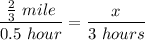 ((2)/(3)~mile)/(0.5~hour) = (x)/(3~hours)