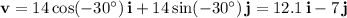 \mathbf v=14\cos(-30^\circ)\,\mathbf i+14\sin(-30^\circ)\,\mathbf j=12.1\,\mathbf i-7\,\mathbf j
