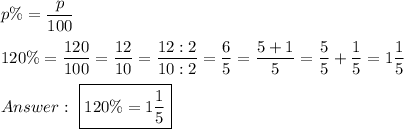 p\%=(p)/(100)\\\\120\%=(120)/(100)=(12)/(10)=(12:2)/(10:2)=(6)/(5)=(5+1)/(5)=(5)/(5)+(1)/(5)=1(1)/(5)\\\\Answer:\ \boxed{120\%=1(1)/(5)}