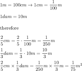 1m=100cm\to1cm=(1)/(100)m\\\\1dam=10m\\\\\text{therefore}\\\\(2)/(5)cm=(2)/(5)\cdot(1)/(100)m=(1)/(250)m\\\\(1)/(3)dam=(1)/(3)\cdot10m=(10)/(3)m\\\\(2)/(5)cm*(1)/(3)dam=(1)/(250)m*(10)/(3)m=(1)/(75)m^2