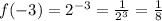 f(-3)=2^(-3)=(1)/(2^3)=(1)/(8)