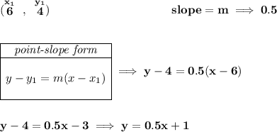 \bf (\stackrel{x_1}{6}~,~\stackrel{y_1}{4})~\hspace{10em} slope = m\implies 0.5 \\\\\\ \begin{array}c \cline{1-1} \textit{point-slope form}\\ \cline{1-1} \\ y-y_1=m(x-x_1) \\\\ \cline{1-1} \end{array}\implies y-4=0.5(x-6) \\\\\\ y-4=0.5x-3\implies y=0.5x+1