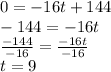 0 = - 16t + 144 \\ - 144 = - 16t \\ ( - 144)/( - 16) = ( - 16t)/( - 16) \\ t = 9