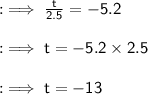 :\implies\sf{ (t)/(2.5) = - 5.2} \\ \\ :\implies\sf{t = - 5.2 * 2.5} \\ \\ :\implies\sf{t = - 13}