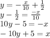 y = - (x)/(10) + (1)/(2) \\ y - (1)/(2) = ( - x)/(10) \\ 10y - 5 = - x \\ - 10y + 5 = x