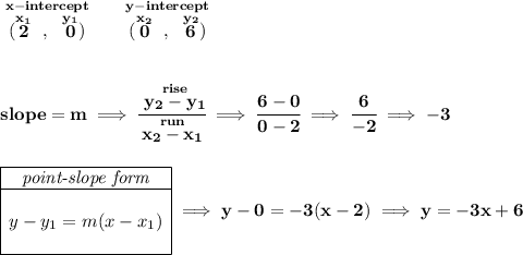 \bf \stackrel{x-intercept}{(\stackrel{x_1}{2}~,~\stackrel{y_1}{0})}\qquad \stackrel{y-intercept}{(\stackrel{x_2}{0}~,~\stackrel{y_2}{6})} \\\\\\ slope = m\implies \cfrac{\stackrel{rise}{ y_2- y_1}}{\stackrel{run}{ x_2- x_1}}\implies \cfrac{6-0}{0-2}\implies \cfrac{6}{-2}\implies -3 \\\\\\ \begin{array}ll \cline{1-1} \textit{point-slope form}\\ \cline{1-1} \\ y-y_1=m(x-x_1) \\\\ \cline{1-1} \end{array}\implies y-0=-3(x-2)\implies y=-3x+6