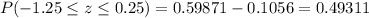 P(-1.25\le z\le 0.25)=0.59871-0.1056=0.49311