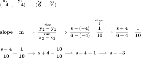 \bf (\stackrel{x_1}{-4}~,~\stackrel{y_1}{-4})\qquad (\stackrel{x_2}{6}~,~\stackrel{y_2}{s}) \\\\\\ slope = m\implies \cfrac{\stackrel{rise}{ y_2- y_1}}{\stackrel{run}{ x_2- x_1}}\implies \cfrac{s-(-4)}{6-(-4)}=\stackrel{\stackrel{slope}{\downarrow }}{\cfrac{1}{10}}\implies \cfrac{s+4}{6+4}=\cfrac{1}{10} \\\\\\ \cfrac{s+4}{10}=\cfrac{1}{10}\implies s+4=\cfrac{10}{10}\implies s+4=1\implies s=-3