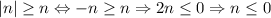 |n| \geq n \Leftrightarrow -n\geq n \Rightarrow 2n\leq0 \Rightarrow n\leq0