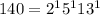 140 = 2^1 5^1 13^1